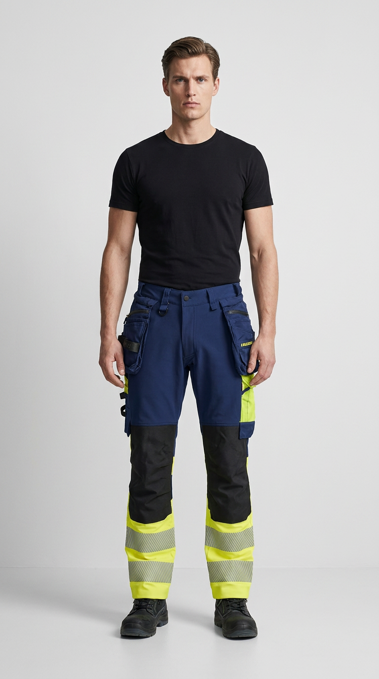 Mand i sort t-shirt og blå arbejdsbukser med neongule detaljer og reflekser på en grå baggrund.