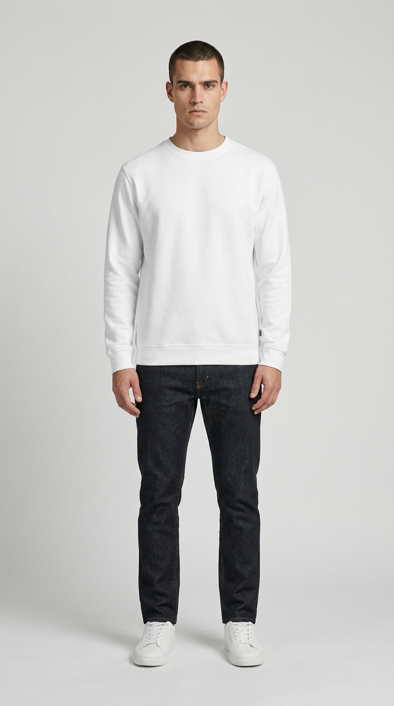 Mand iført hvid sweatshirt, mørkeblå jeans og hvide sneakers på en neutral baggrund.