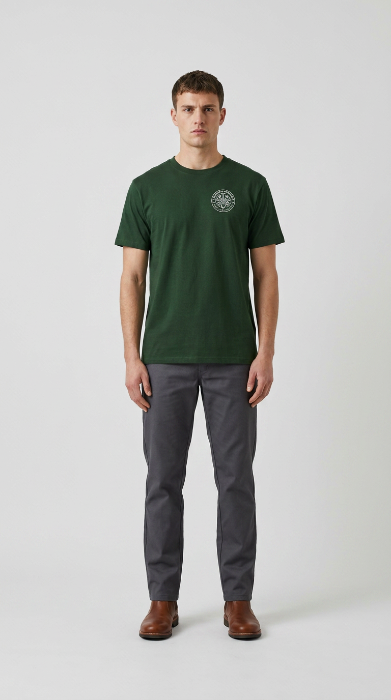 Mand i grøn t-shirt med logo, grå bukser og brune læderstøvler på en lys baggrund.