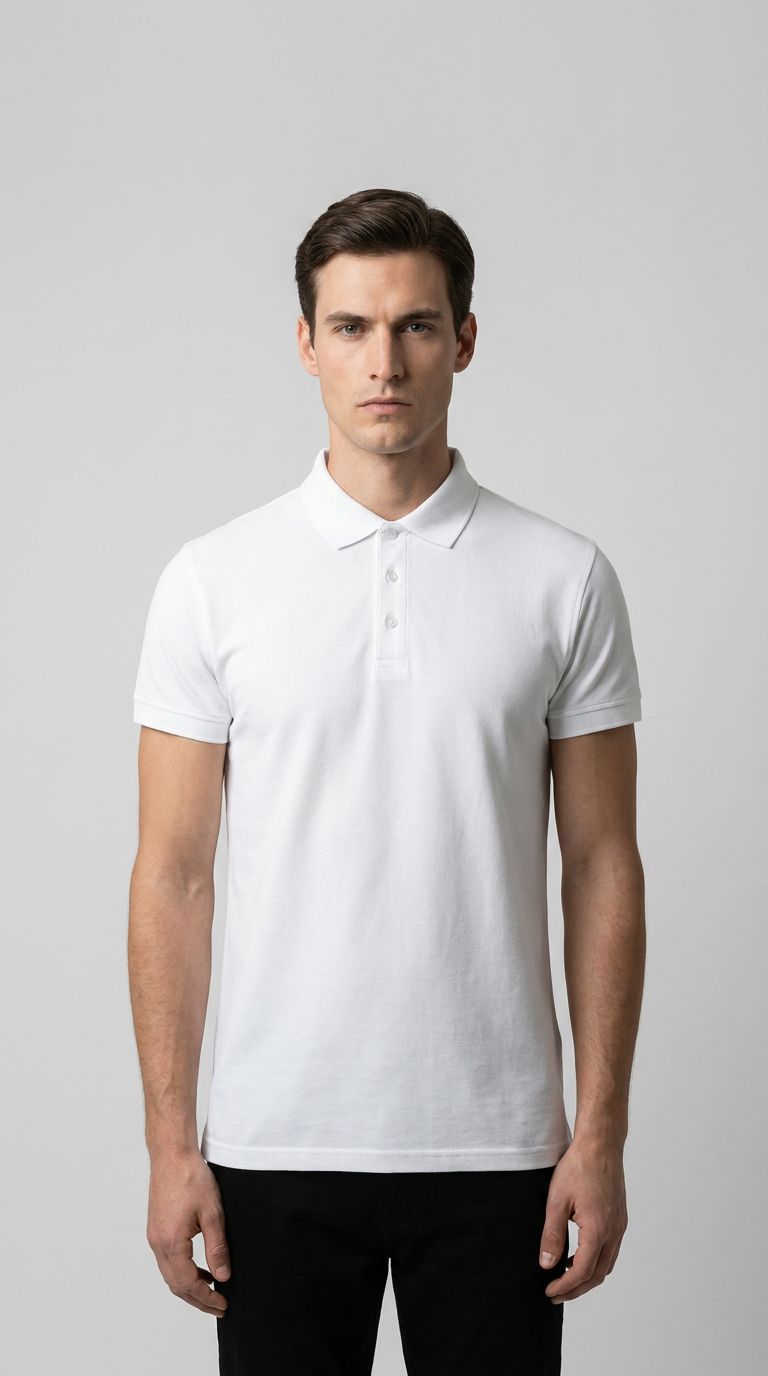 Mand i hvid kortærmet polo-shirt og sorte bukser foran en lysegrå baggrund.