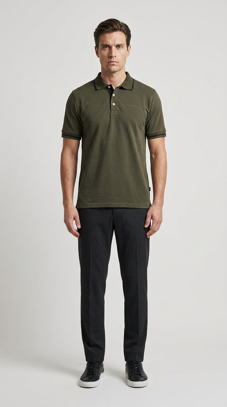 Mand i olivengrøn polo shirt og mørke bukser stående mod en lys baggrund.