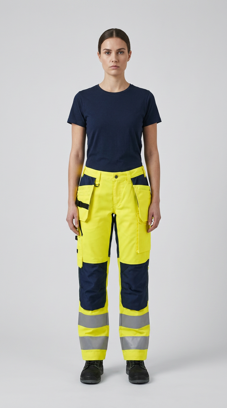 Kvinde i mørkeblå t-shirt og gule high-vis arbejdsbukser med reflekser.