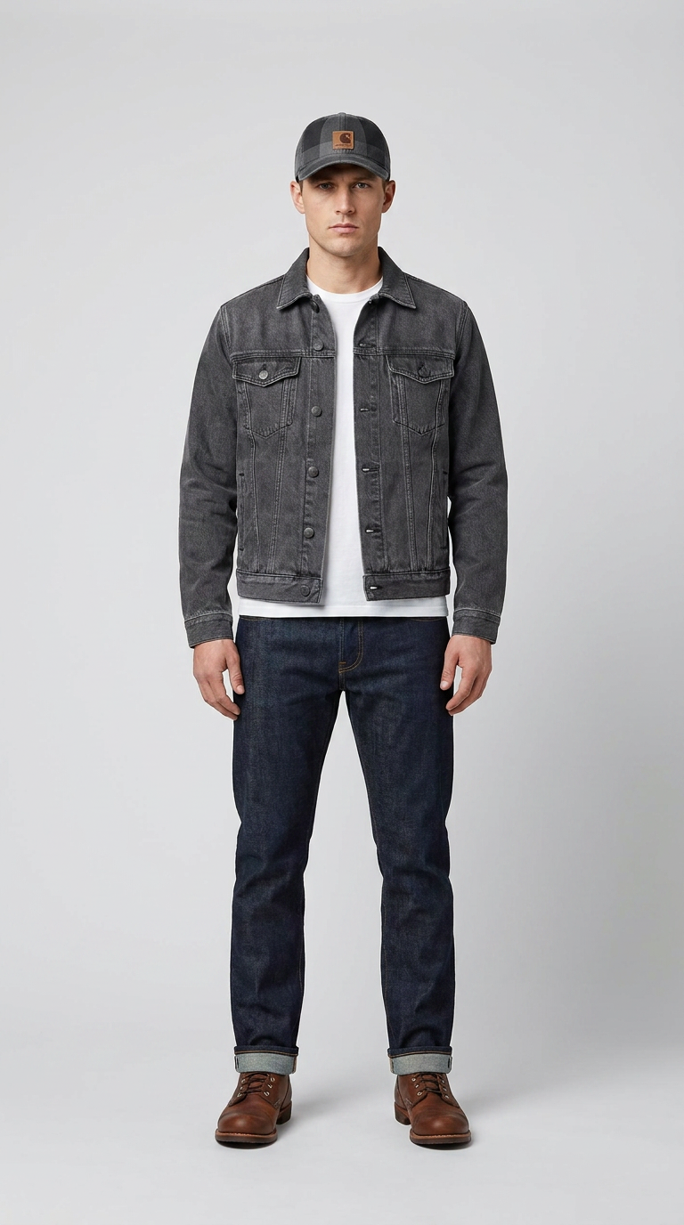 Mand iført grå denimjakke, hvid t-shirt, mørkeblå jeans, brune støvler og en grå kasket.
