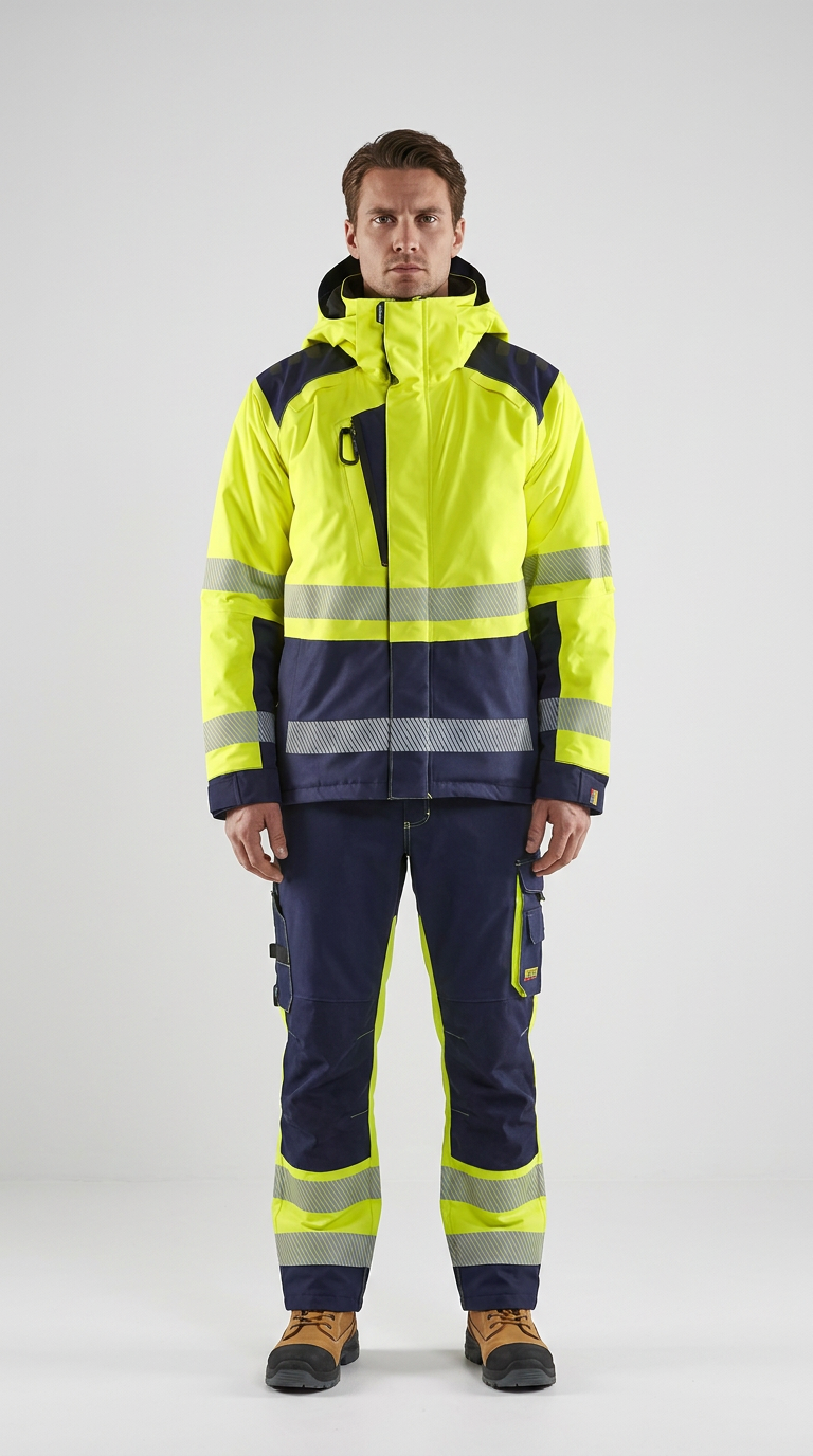 Mand i neon-gul og marineblå hi-vis arbejdstøj med refleksstriber foran en grå baggrund.