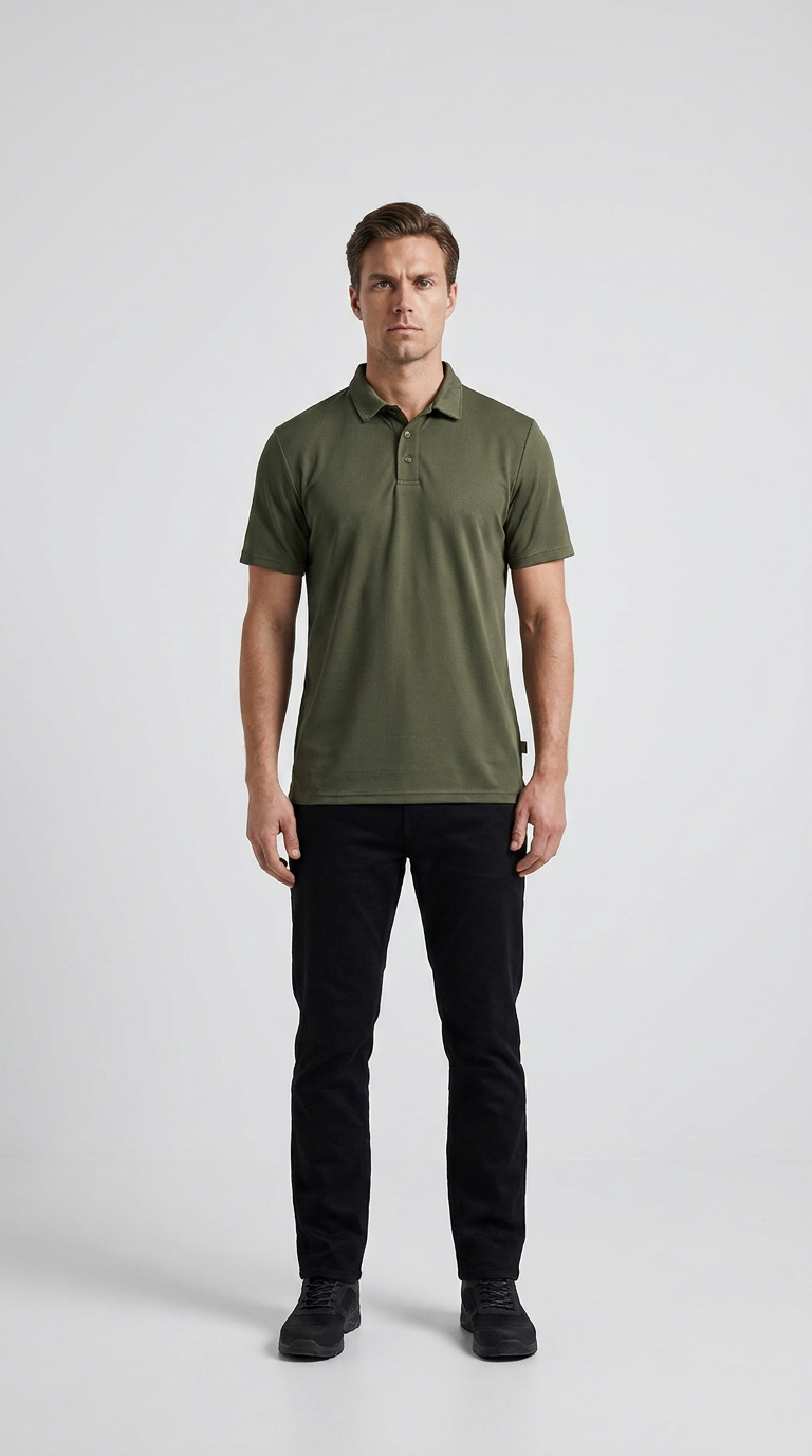 Mand iført en olivengrøn polo shirt og sorte bukser mod en hvid baggrund.