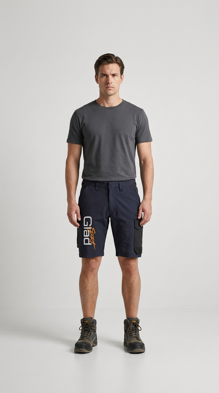 Mand i grå t-shirt, mørkeblå arbejdsshorts med logo og arbejdsstøvler på hvid baggrund.