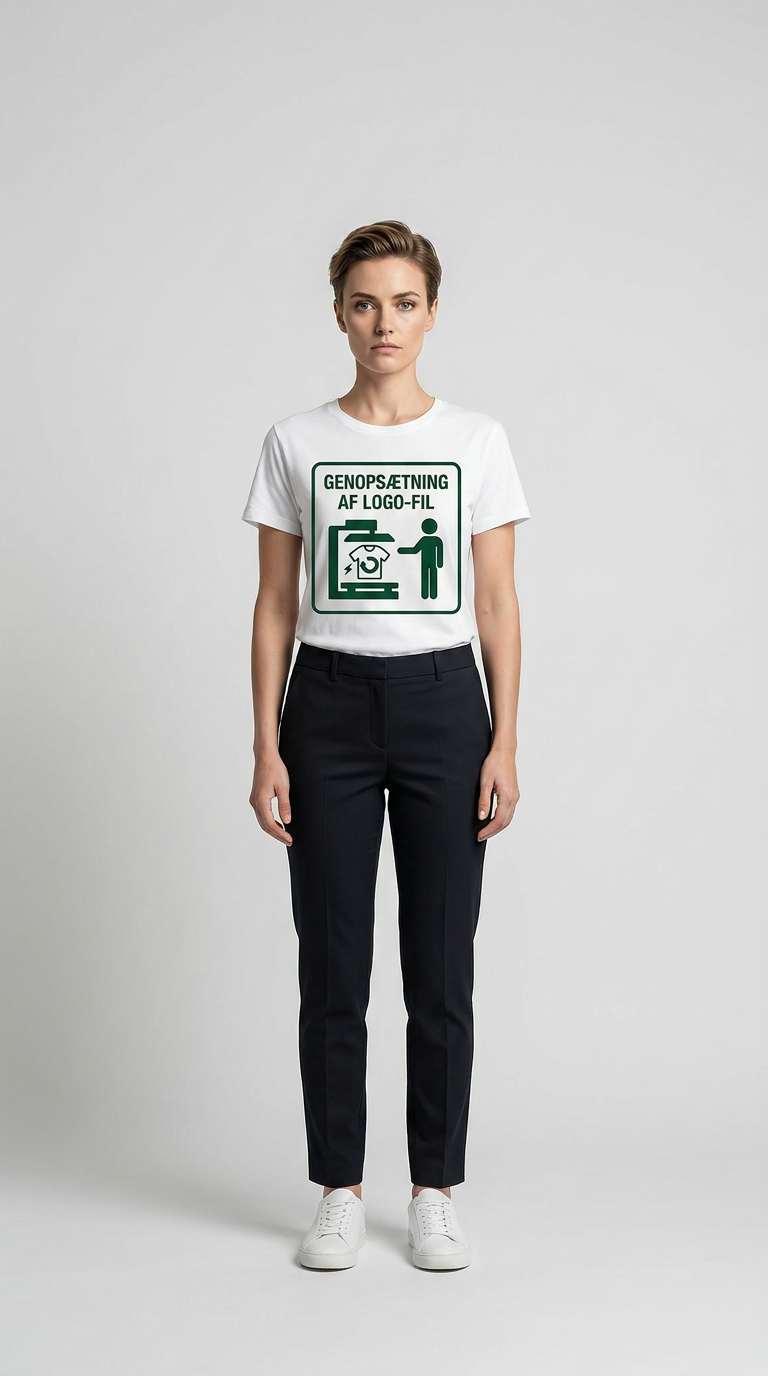 Kvinde i hvid t-shirt med grøn "Genopsætning af logo-fil" grafik, sorte bukser og hvide sneakers på lys baggrund.
