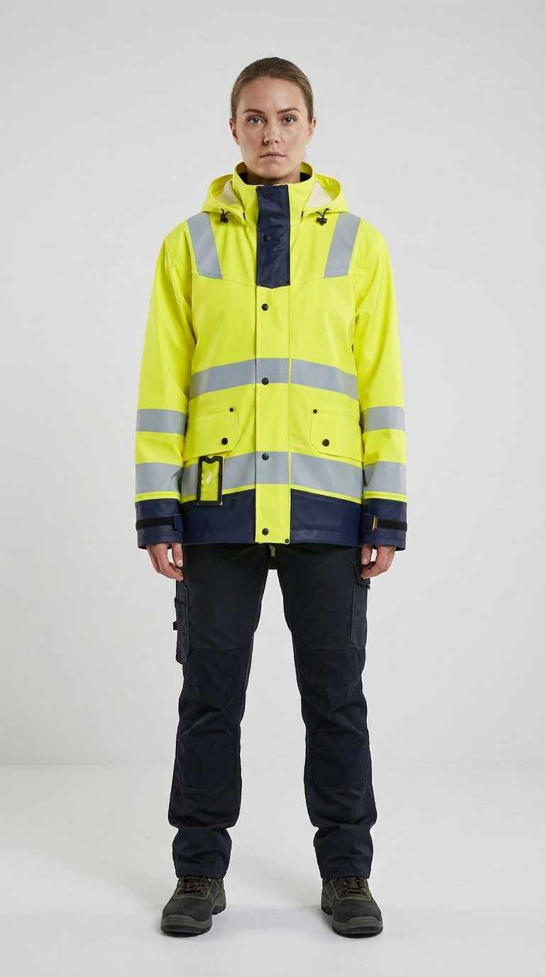 Kvinde i gul high-visibility arbejdsjakke med reflekser og mørkeblå arbejdsbukser mod en hvid baggrund.