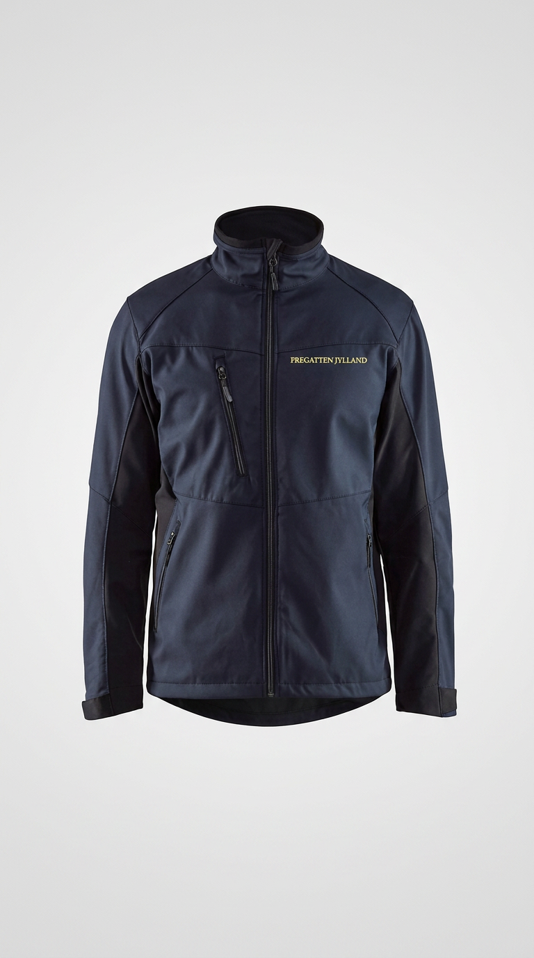 Mørkeblå softshell-jakke med sorte paneler og "Fregatten Jylland" broderet i gult på brystet.