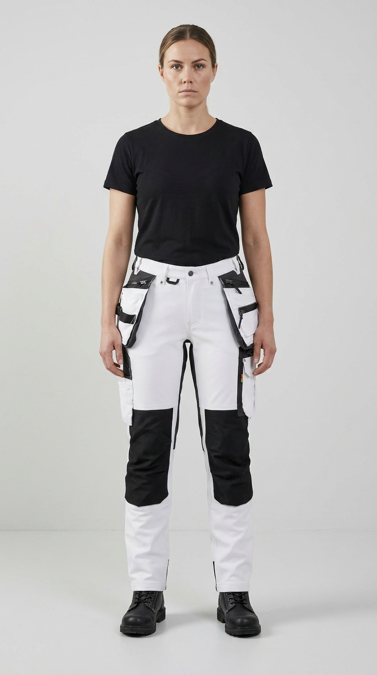 Kvinde i sort t-shirt og hvide arbejdsbukser med sorte knæpuder mod en lys baggrund.