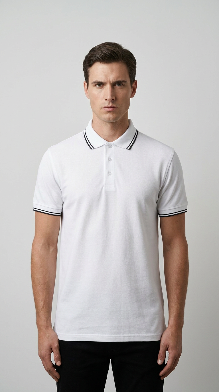 Mand i hvid polo-shirt med sorte striber på krave og ærmer mod en grå baggrund.
