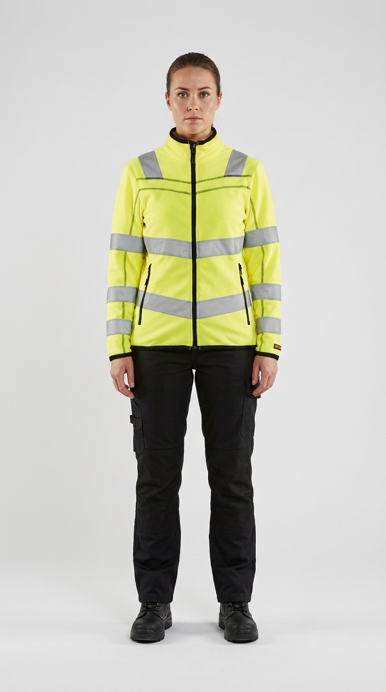 Kvinde i gul high-vis fleecejakke med reflekser og sorte arbejdsbukser mod en neutral baggrund.