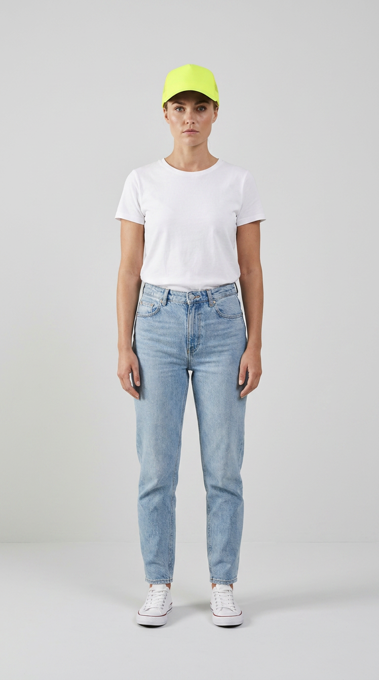 Kvinde i neongul kasket, hvid t-shirt og lyseblå jeans mod en grå baggrund.