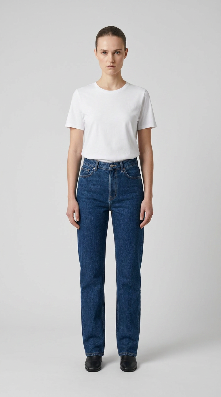 Kvinde i hvid t-shirt og mørkeblå jeans står foran en lys grå baggrund.