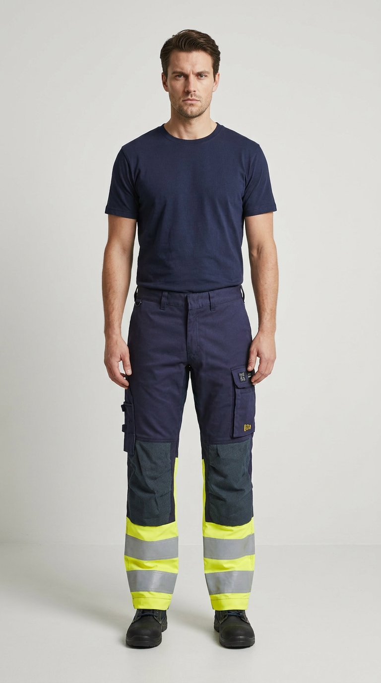 Mand i mørkeblå t-shirt og arbejdsbukser med neongule detaljer og reflekser foran en hvid baggrund.