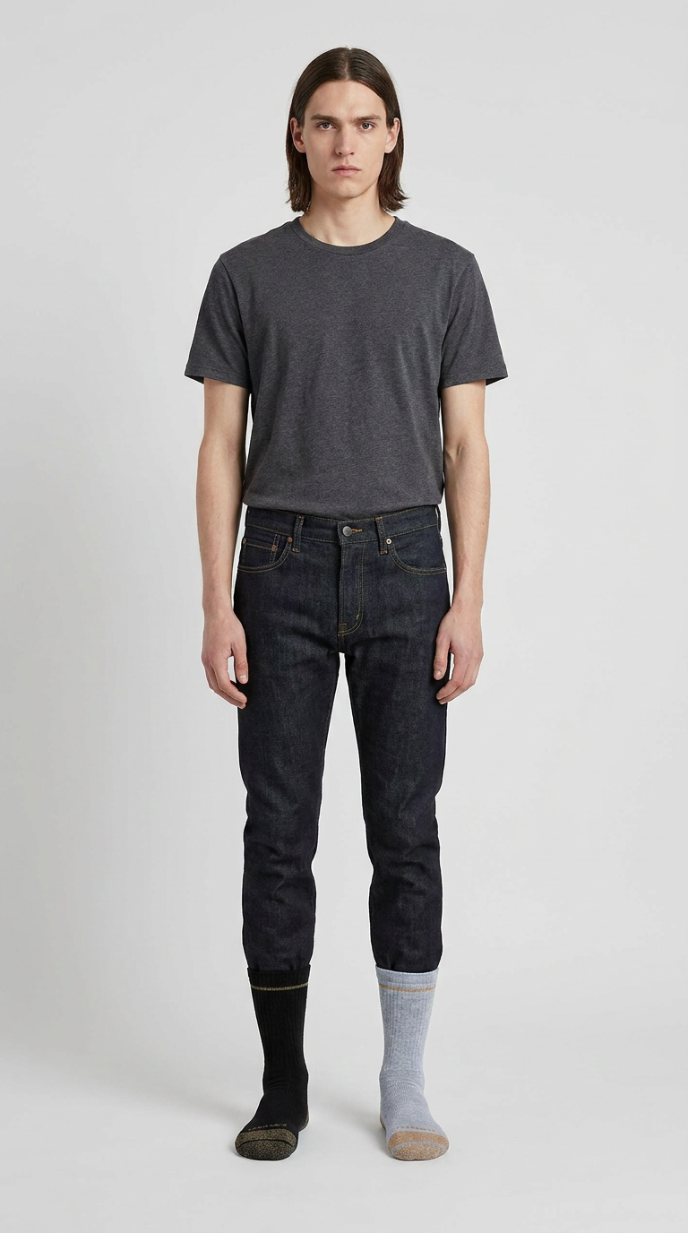 Mand i grå t-shirt, mørkeblå jeans og umage sorte og grå sokker foran en hvid baggrund.