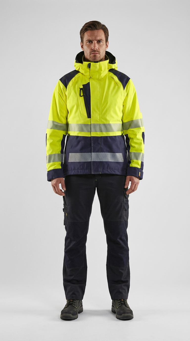 Mand i gul og mørkeblå high-vis arbejdsjakke med reflekser og mørke arbejdsbukser på en lys baggrund.
