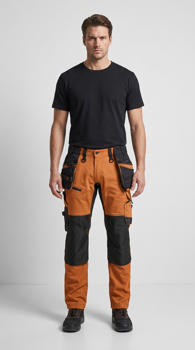 Mand i sort t-shirt og orange arbejdsbukser med sorte forstærkninger og lommer mod en lys baggrund.
