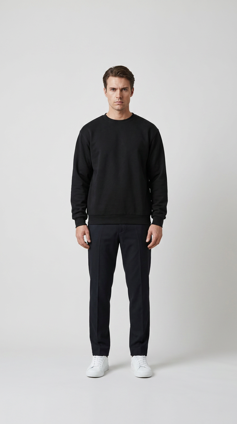 Mand iført sort sweatshirt, mørke bukser og hvide sneakers foran en lys grå baggrund.