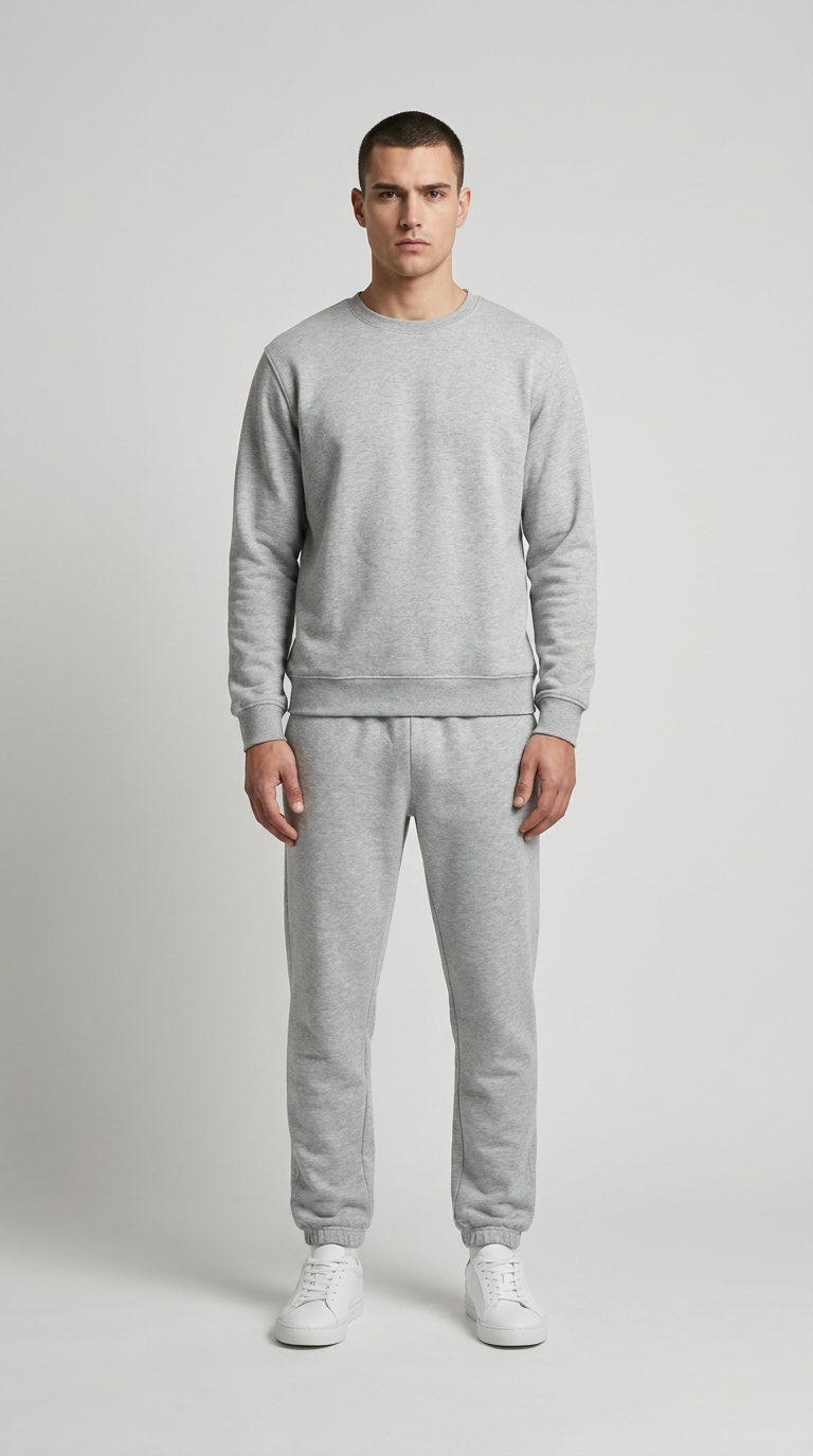 Mand i grå sweatshirt og matchende joggingbukser med hvide sneakers på en ensfarvet baggrund.