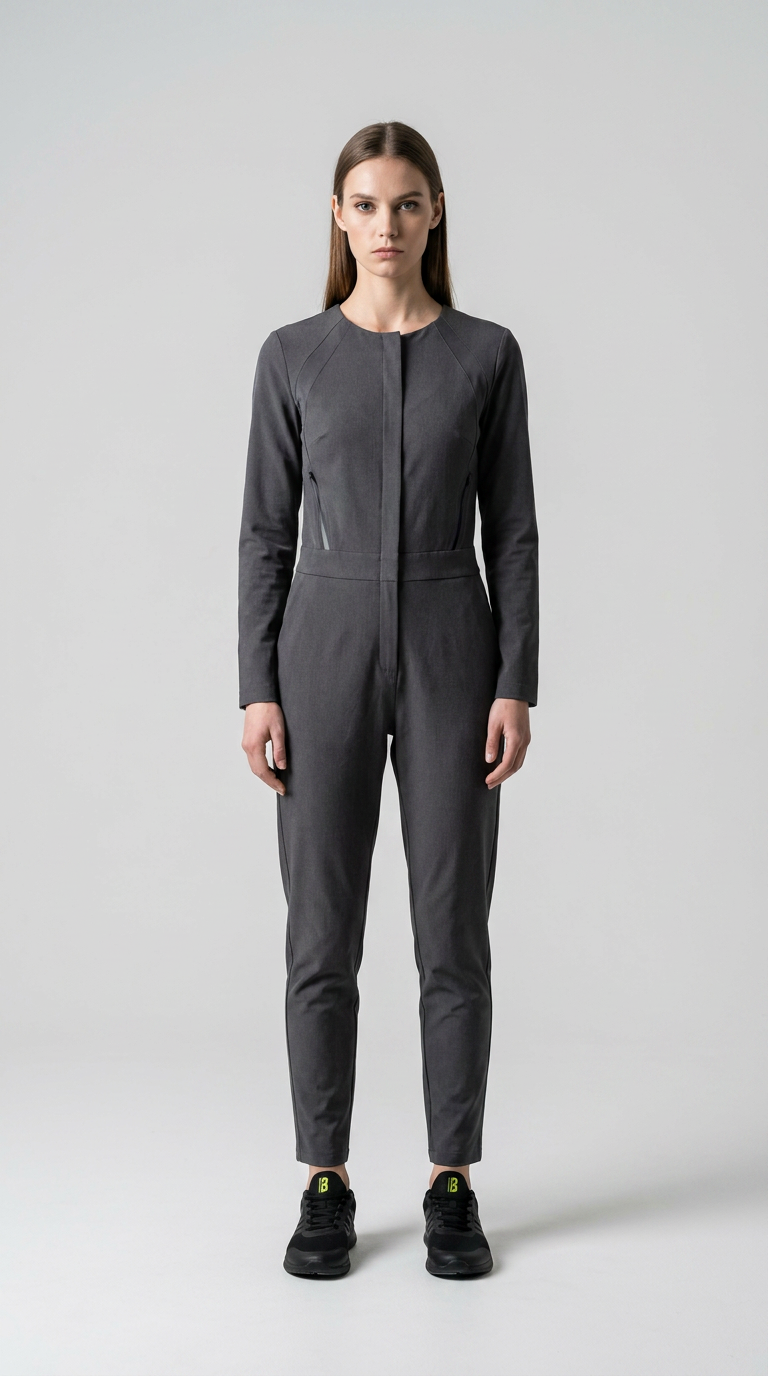 Kvinde i en langærmet grå jumpsuit og sorte sneakers mod en lys grå baggrund.