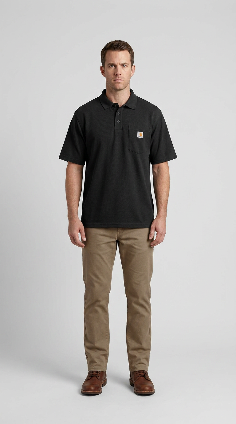 Mand i sort Carhartt poloshirt og khaki bukser stående mod en lys grå baggrund.