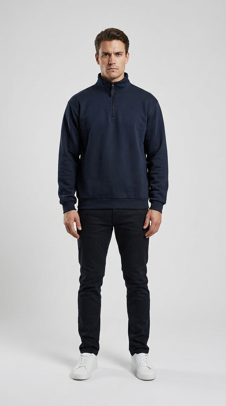 Mand i mørkeblå sweatshirt med lynlås, mørke bukser og hvide sneakers mod en lys baggrund.