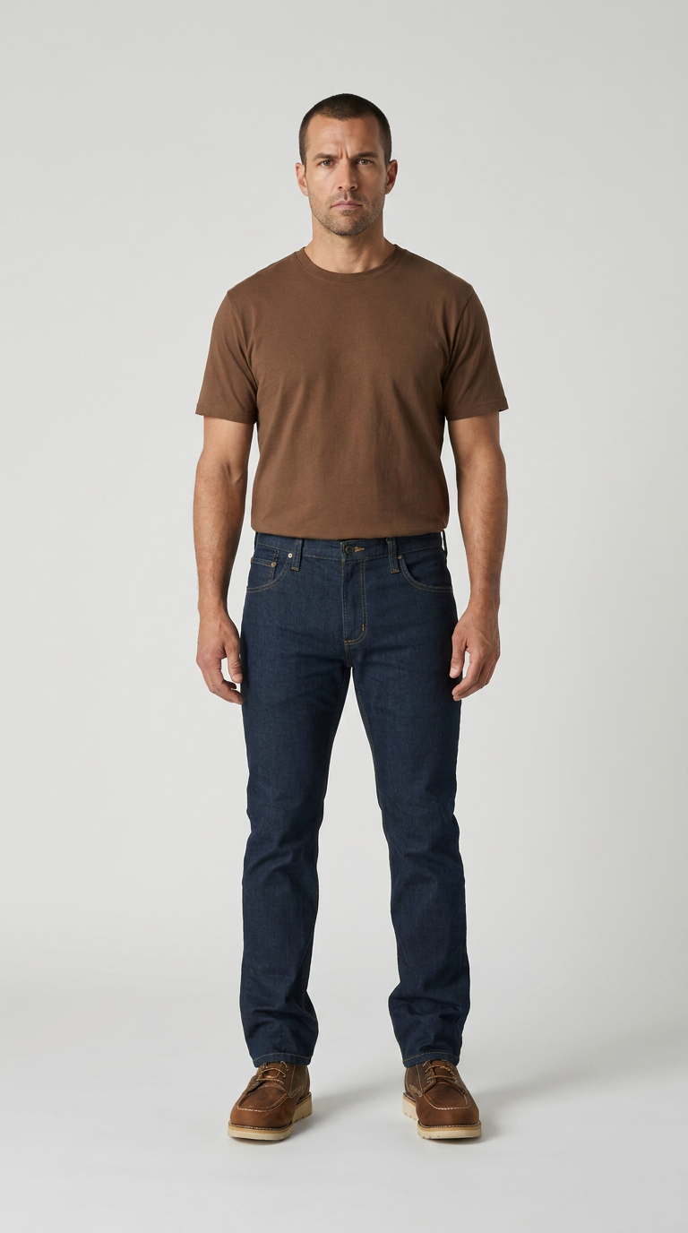 Mand iført brun t-shirt, mørkeblå jeans og brune støvler mod en lys baggrund.