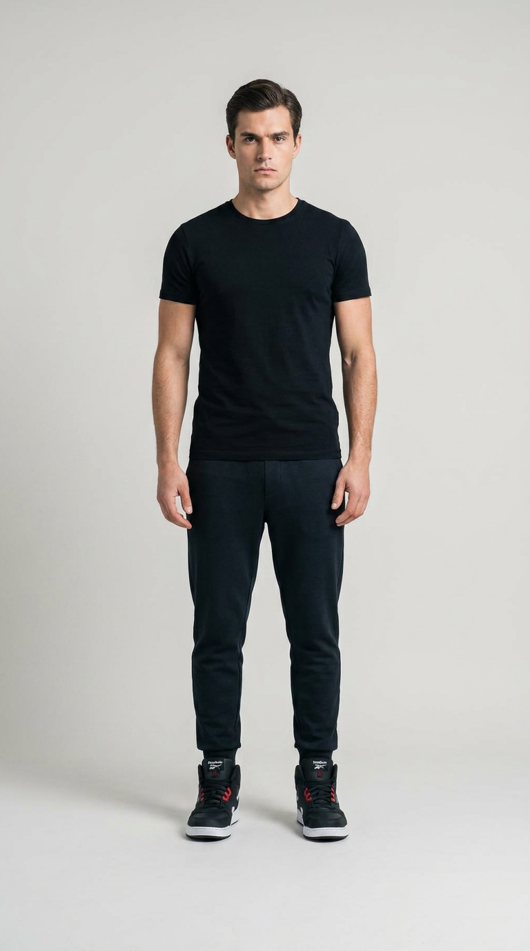 Mand i sort t-shirt, sorte joggingbukser og sneakers stående foran en lys grå baggrund.