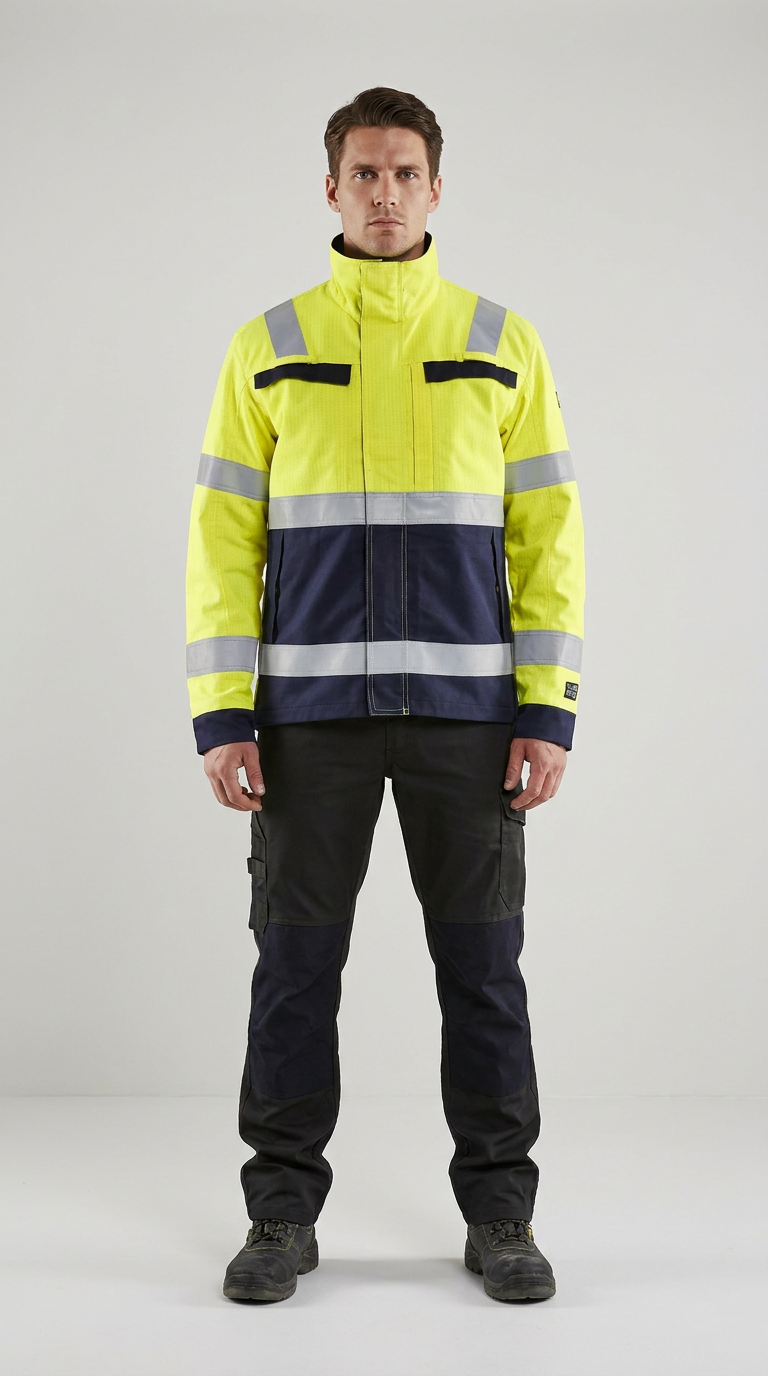 Mand i gul og marineblå high-visibility arbejdsjakke med refleksstriber og mørke arbejdsbukser.