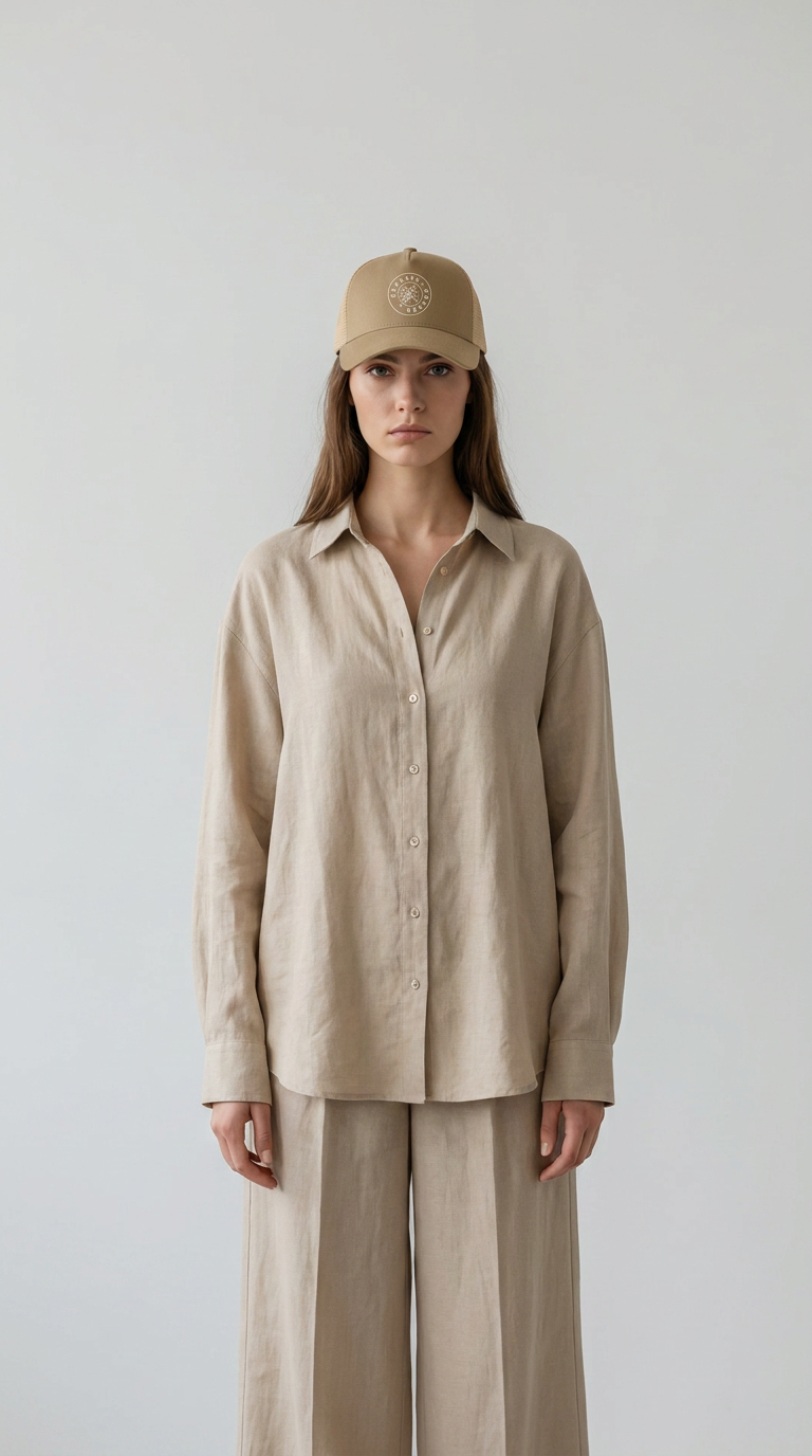 Kvinde i beige hørskjorte, matchende bukser og en brun kasket mod en enkel grå baggrund.