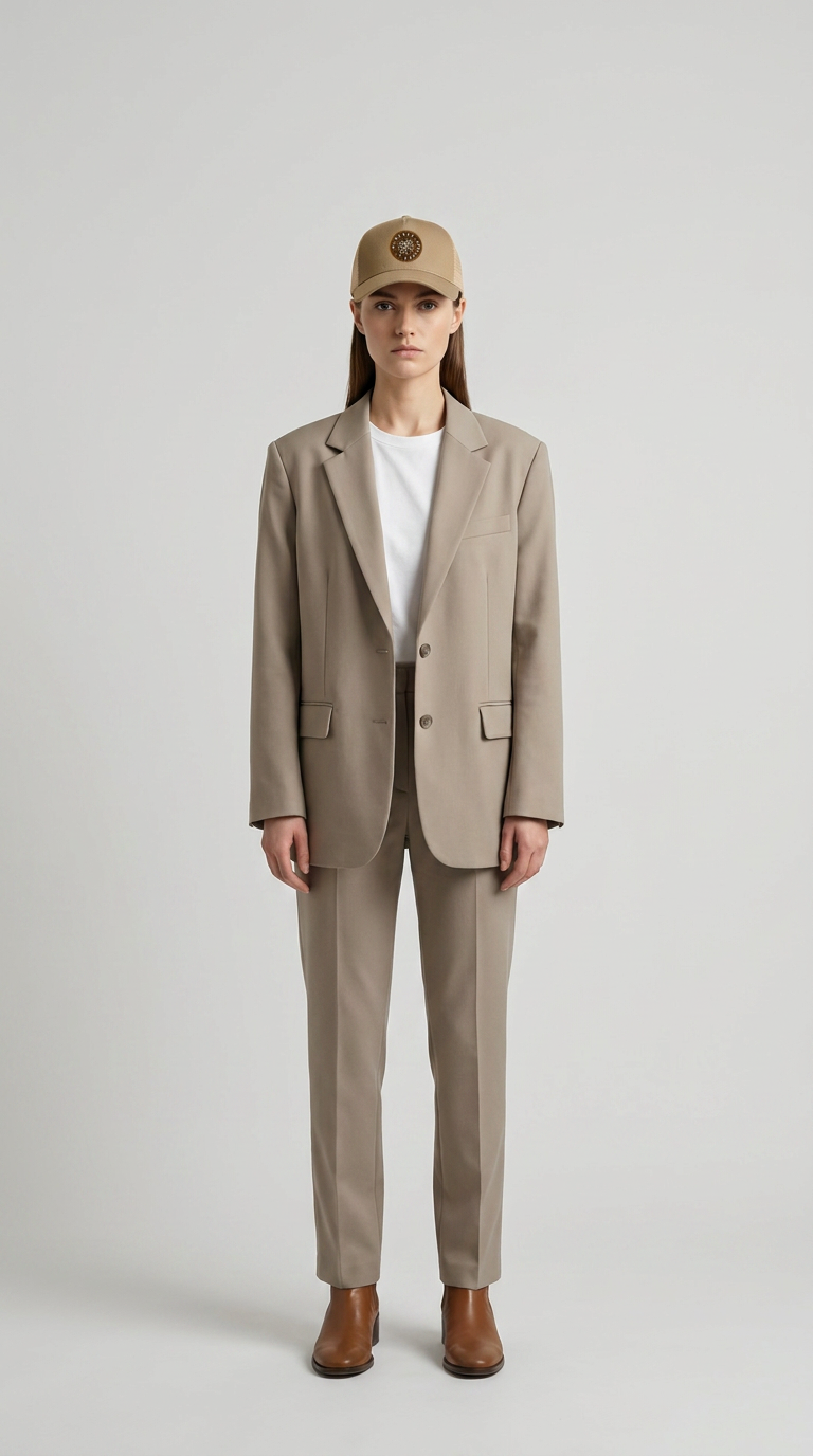 Kvinde iført beige jakkesæt, hvid t-shirt og kasket stående mod en neutral baggrund.