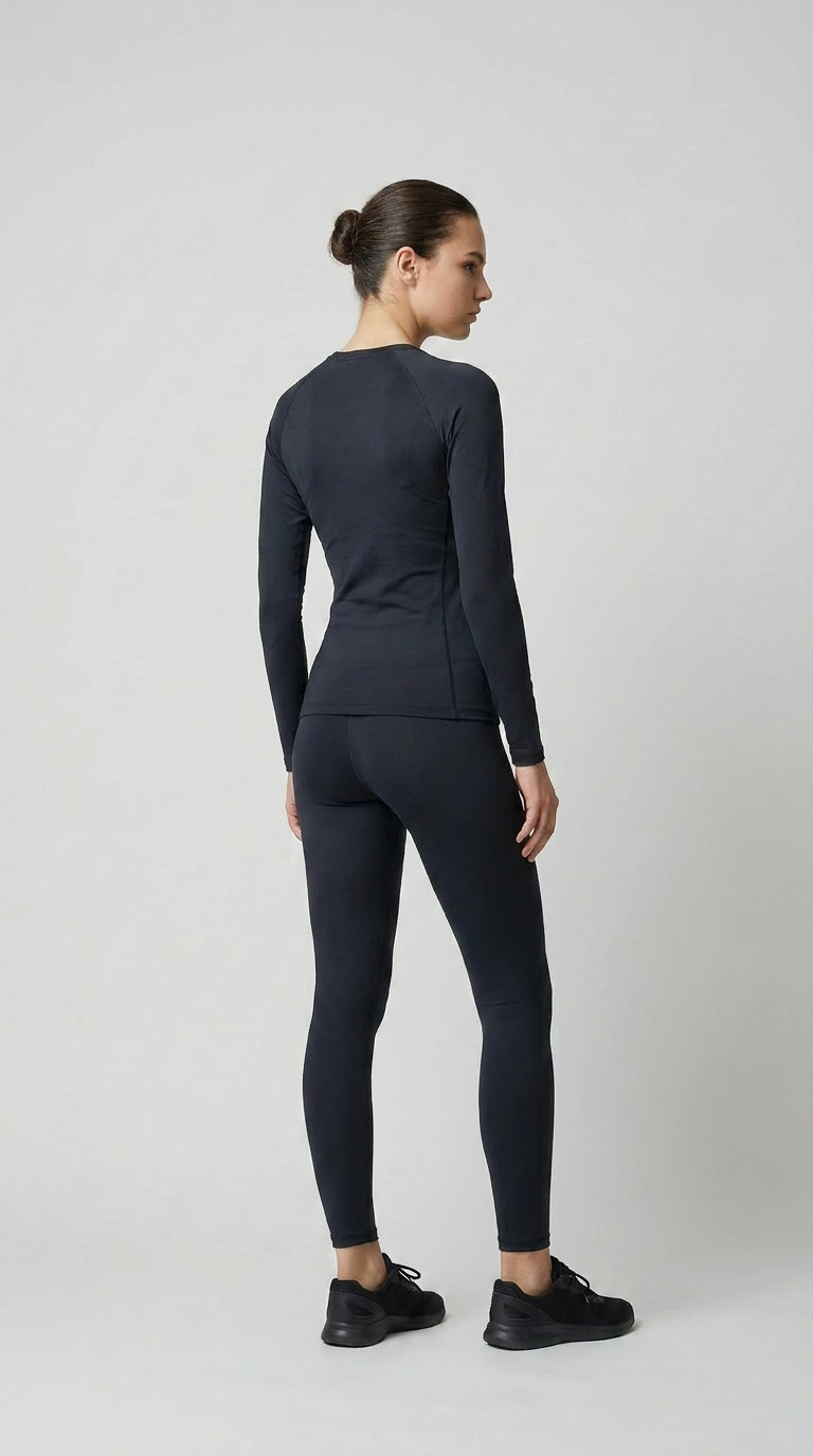 Kvinde set bagfra i sort langærmet sportstop og leggings mod en grå baggrund.