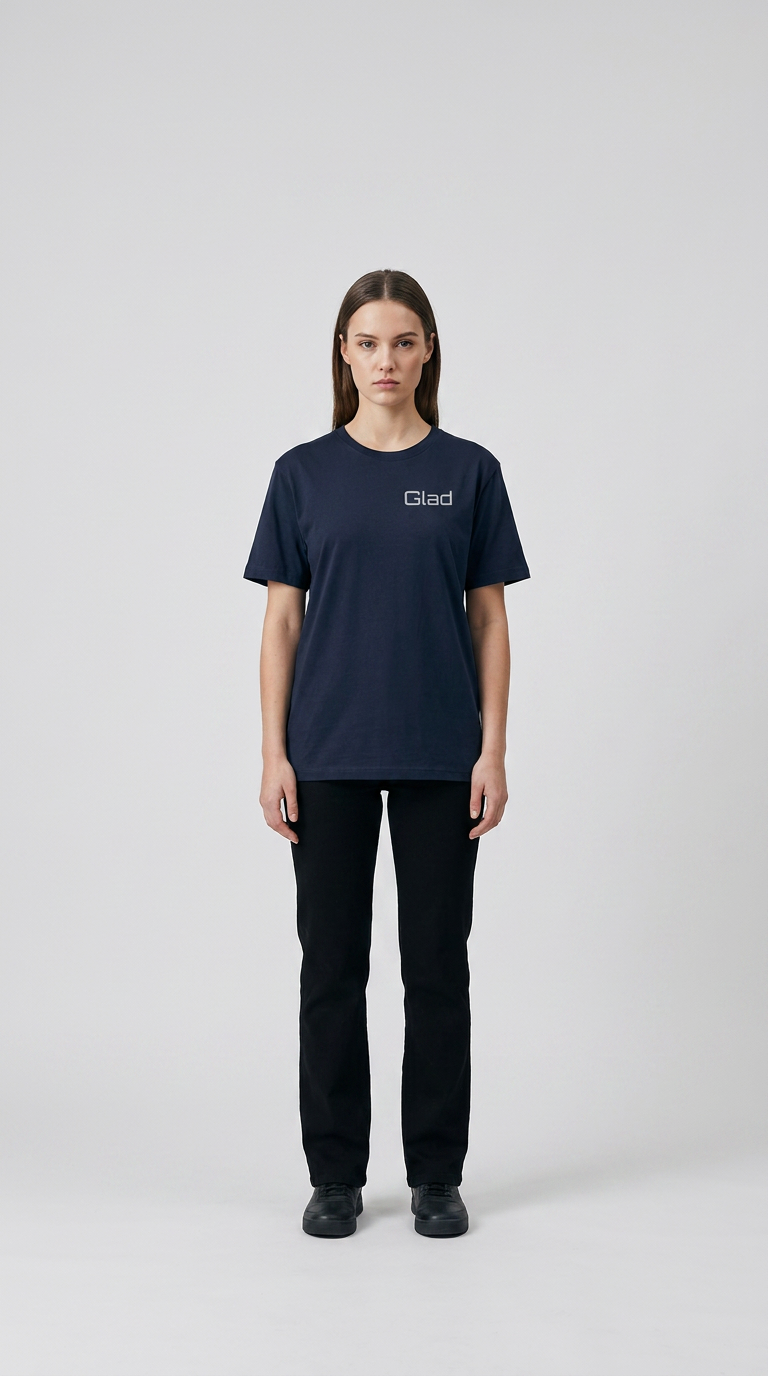 Kvinde i navyblå t-shirt med 'Glad' tekst og sorte bukser mod en lys baggrund.