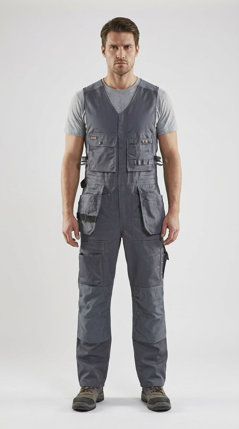 Mand iført grå ærmeløse arbejds-overalls med mange lommer over en t-shirt mod en lys baggrund.
