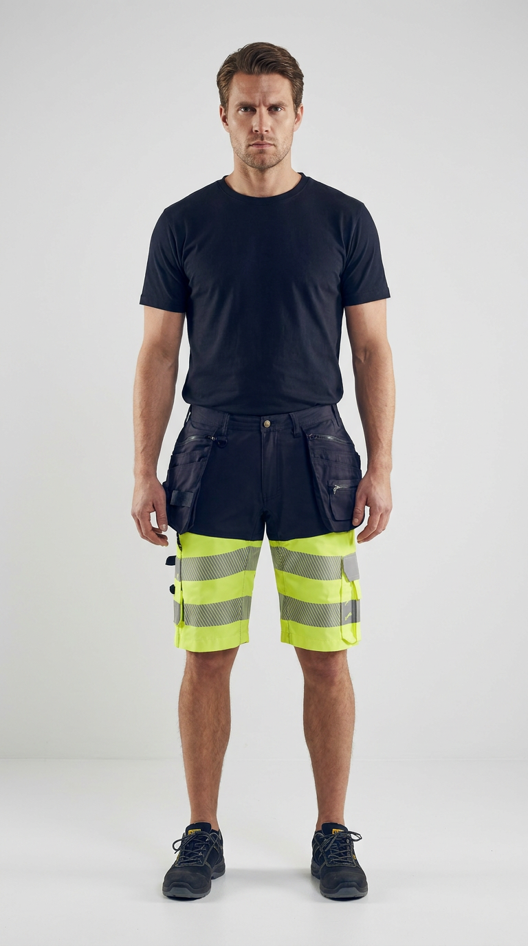 Mand i sort t-shirt og mørkeblå arbejdsshorts med neon-gul high-vis og reflekser på hvid baggrund.