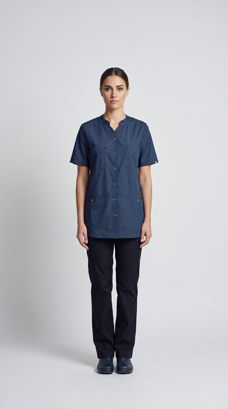 Kvinde iført mørkeblå kortærmet uniformstunika og sorte bukser på en hvid baggrund.