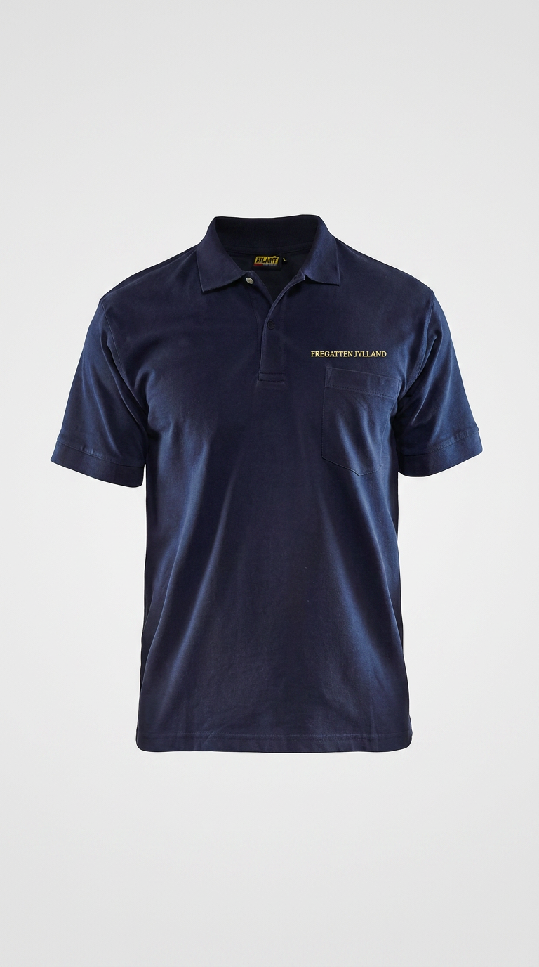 Mørkeblå polo shirt med brystlomme og gul "Fregatten Jylland" tekst.