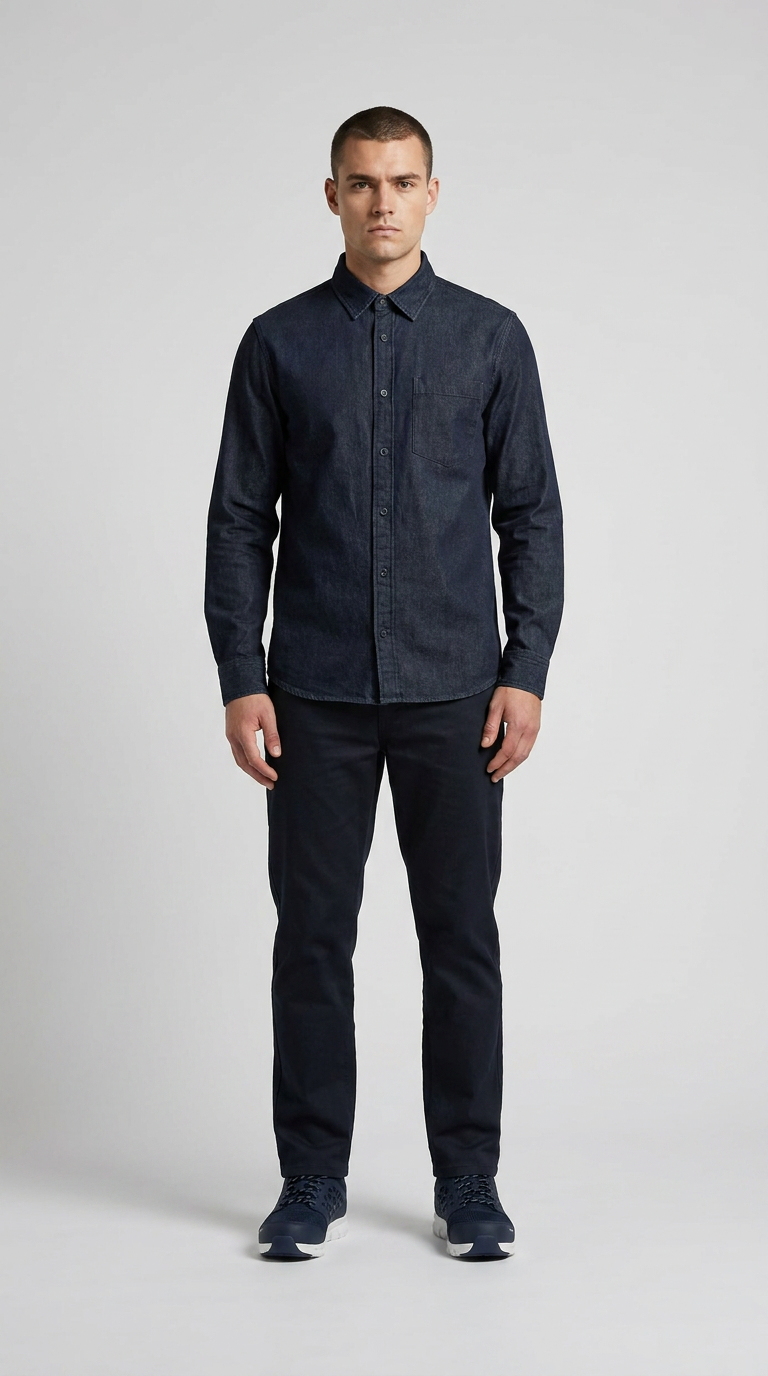 Mand i mørkeblå denimskjorte og mørke bukser mod en lys grå baggrund.