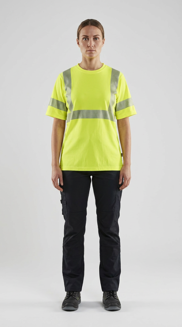 Kvinde iført neongul t-shirt med refleksstriber og mørke arbejdsbukser på en grå baggrund.