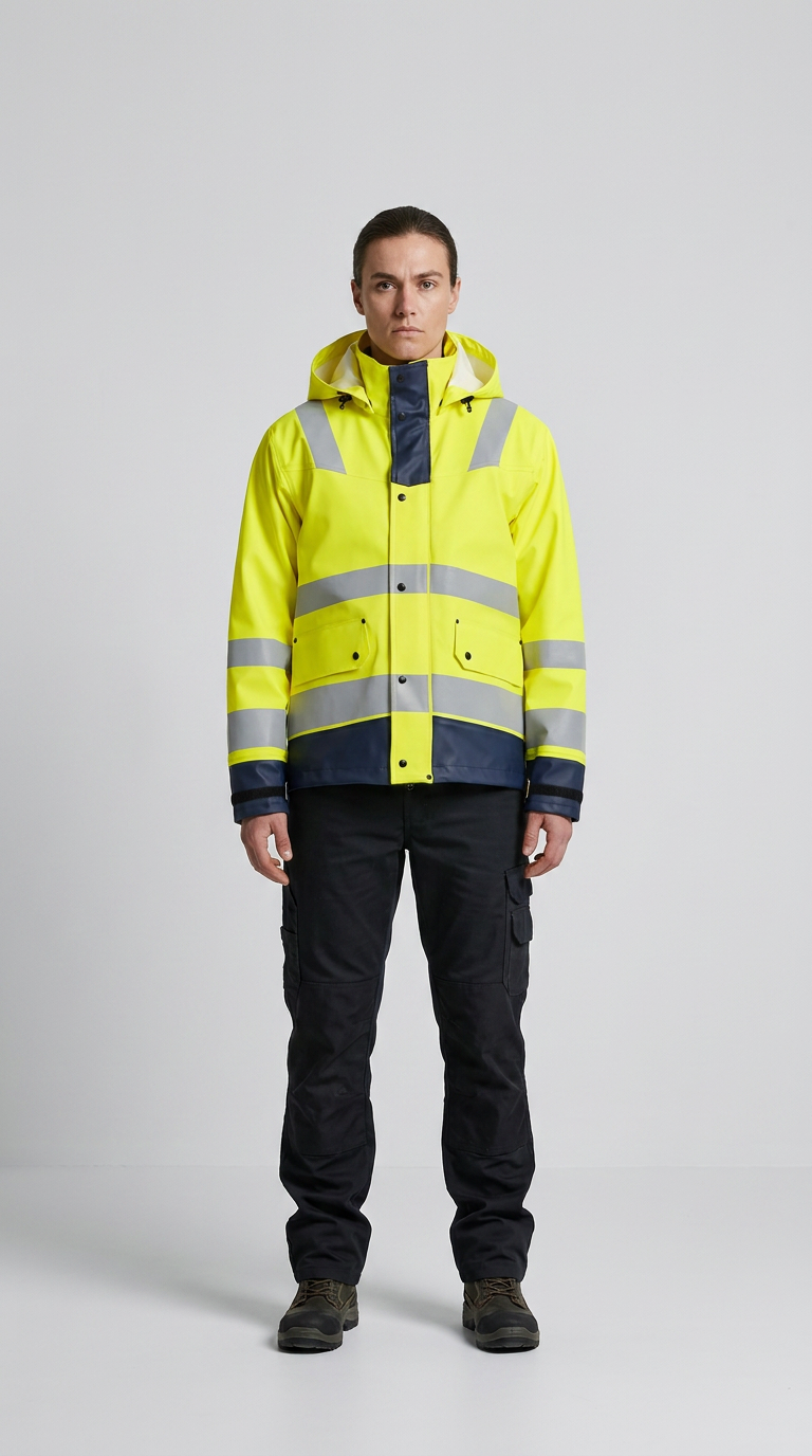 Person i gul arbejdsjakke med reflekser og sorte arbejdsbukser mod en hvid baggrund.
