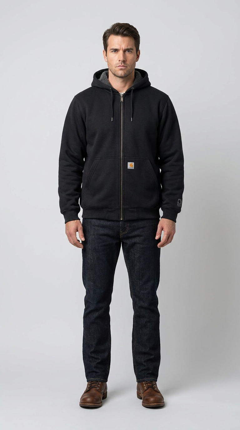 Mand i sort Carhartt hættetrøje med lynlås, mørkeblå jeans og brune læderstøvler på en grå baggrund.