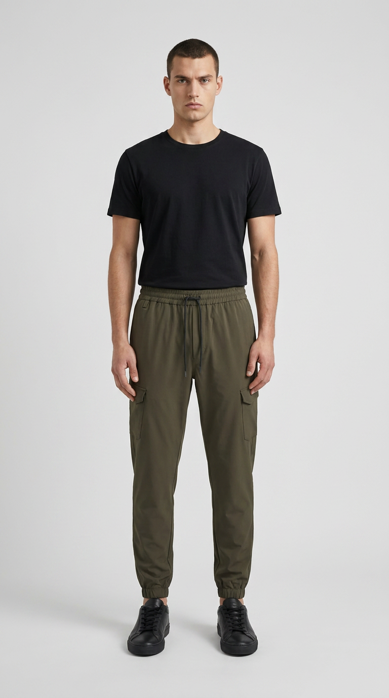 Mand i sort t-shirt og olivengrønne cargobukser med sorte sneakers mod en lys baggrund.