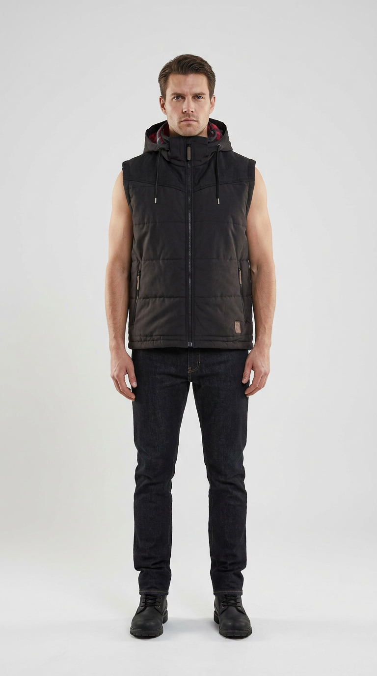 Mand iført en sort vest med hætte, mørke jeans og sorte støvler mod en hvid baggrund.