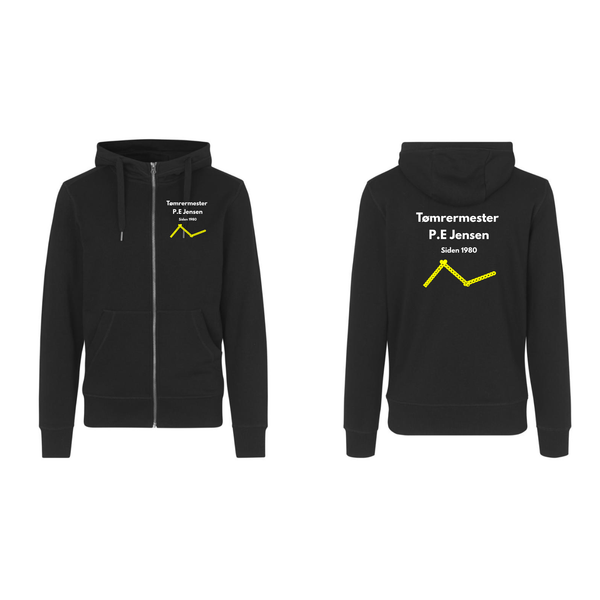 Sort zip-hoodie med brystlogo og stort ryglogo til en tømrermester