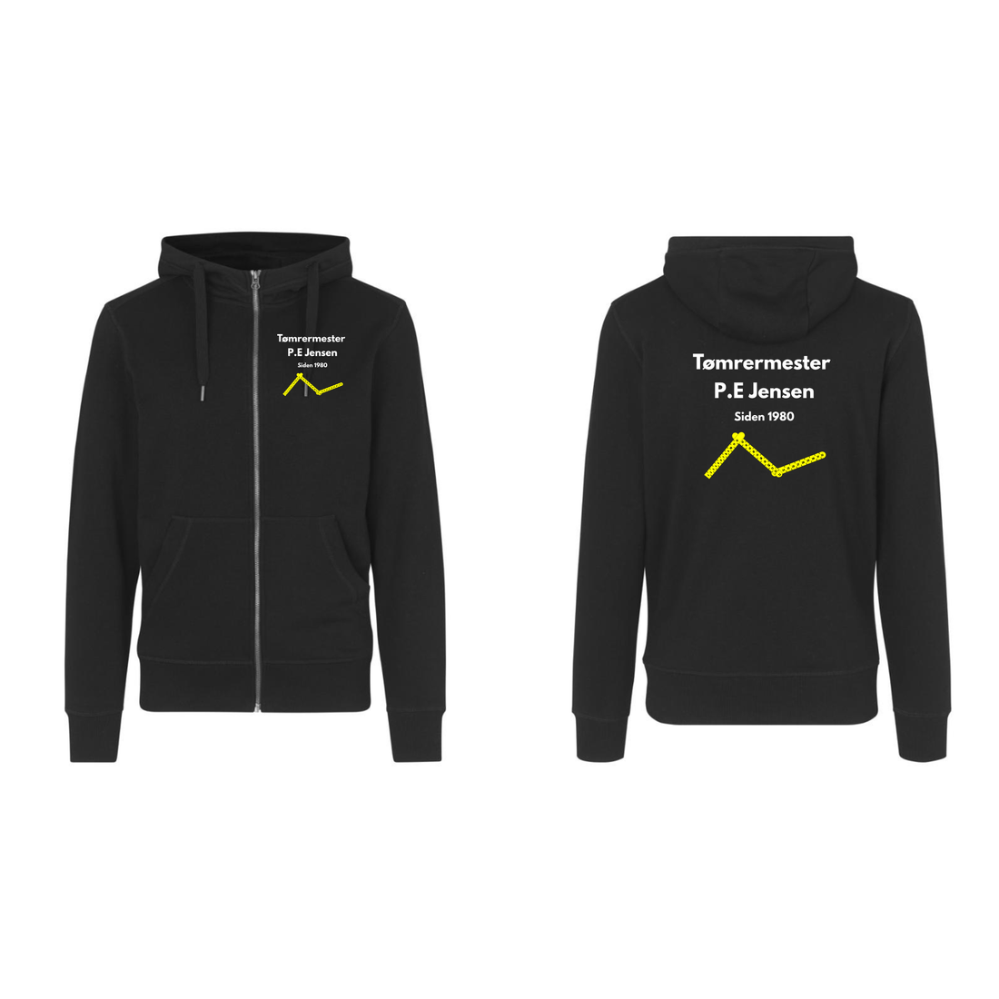 Sort zip-hoodie med tømrermesterens brystlogo og stort ryglogo – arbejdstøj med logo til byggeriet i Sydhavnen