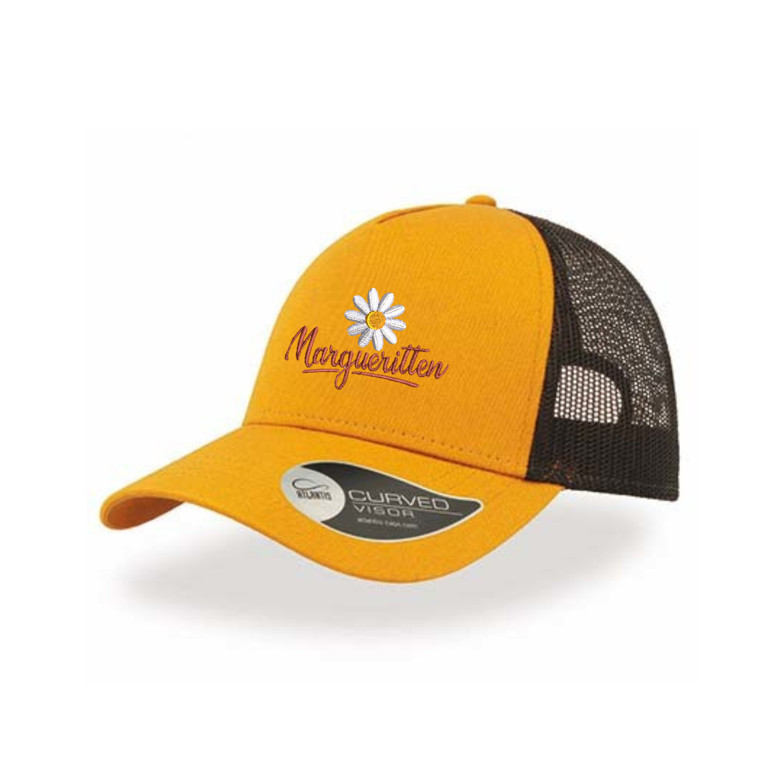 Gul og sort Atlantis trucker-cap med Marguerittens logo til restaurantens personale