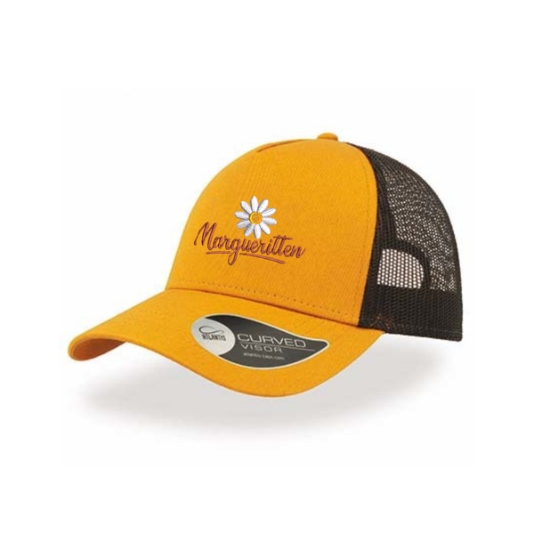 Gul og sort trucker-cap med restaurantlogo til personalet