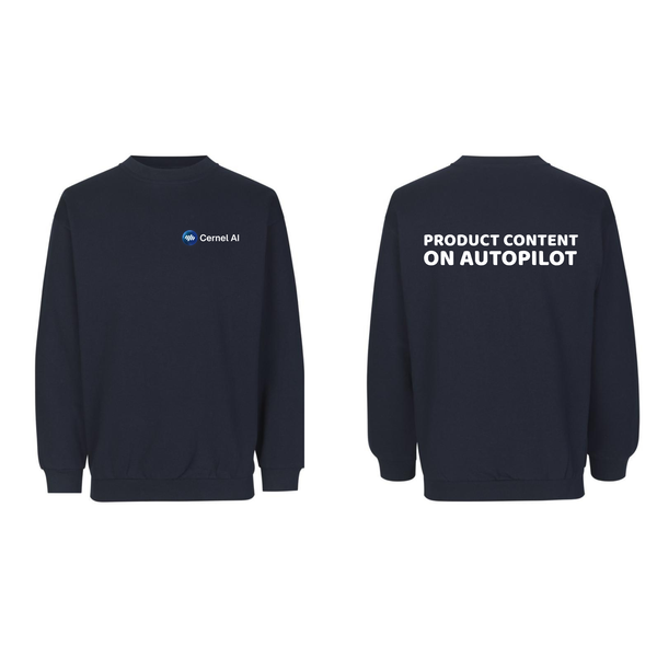 Navy sweatshirt med brystlogo og citat på ryggen til en lille virksomhed