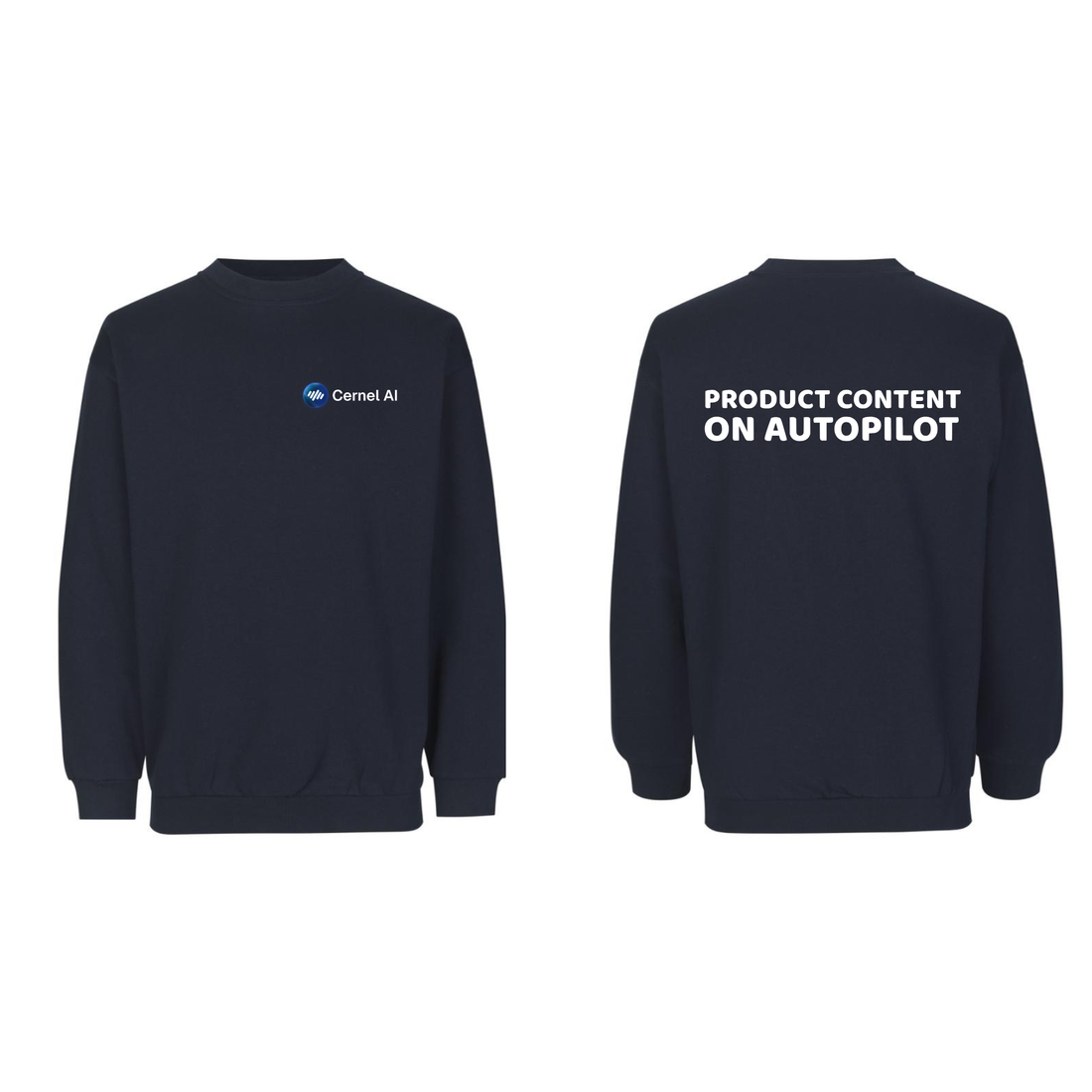 Navy sweatshirt til Cernel AI med lille brystlogo og citatet Product content on autopilot på ryggen